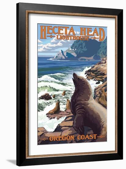 Heceta Head Lighthouse - Sea Lions-Lantern Press-Framed Art Print