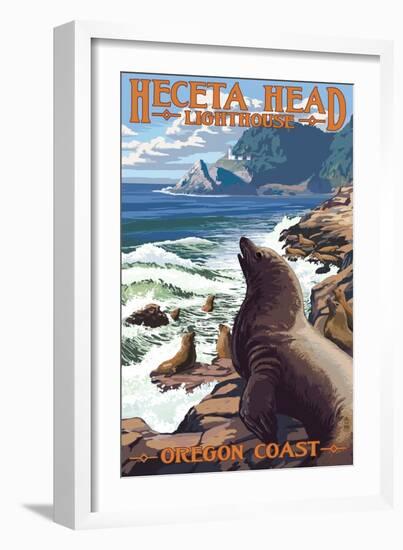 Heceta Head Lighthouse - Sea Lions-Lantern Press-Framed Art Print