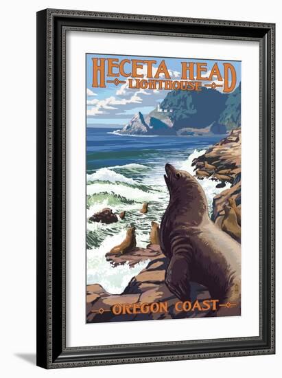 Heceta Head Lighthouse - Sea Lions-Lantern Press-Framed Art Print