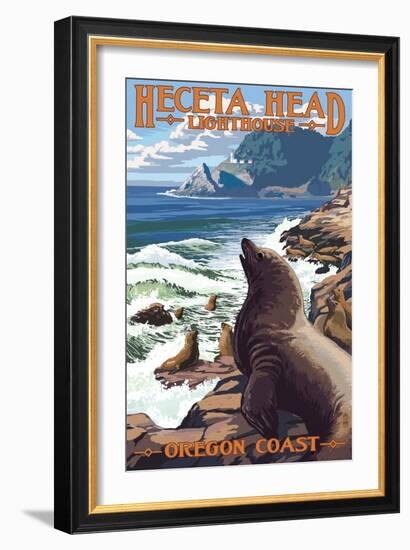 Heceta Head Lighthouse - Sea Lions-Lantern Press-Framed Art Print