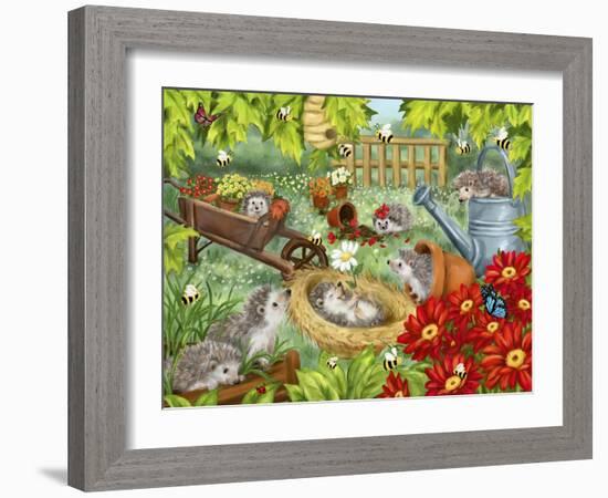 Hedgehogs Playing in Garden-MAKIKO-Framed Giclee Print