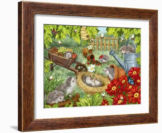 Hedgehogs Playing in Garden-MAKIKO-Framed Giclee Print