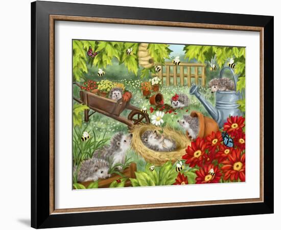 Hedgehogs Playing in Garden-MAKIKO-Framed Giclee Print
