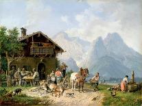 Hunters carousing in front of a hunting lodge near Partenkirchen-Heinrich Bürkel-Framed Premier Image Canvas