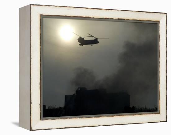 Helicopter Flies Above the Building Where a Plane Crashed in Tehran, Iran-null-Framed Premier Image Canvas
