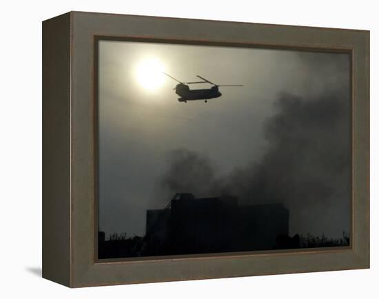 Helicopter Flies Above the Building Where a Plane Crashed in Tehran, Iran-null-Framed Premier Image Canvas