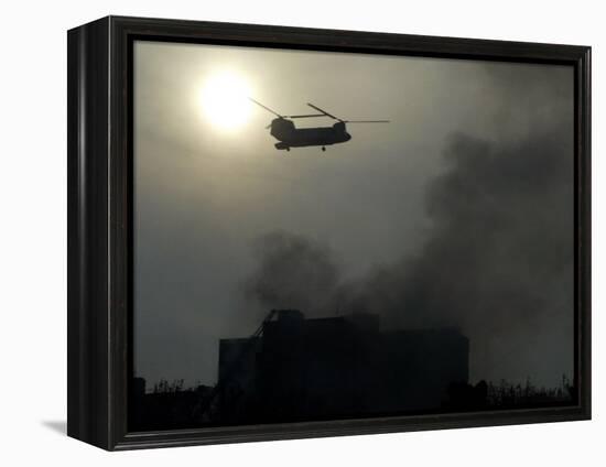 Helicopter Flies Above the Building Where a Plane Crashed in Tehran, Iran-null-Framed Premier Image Canvas