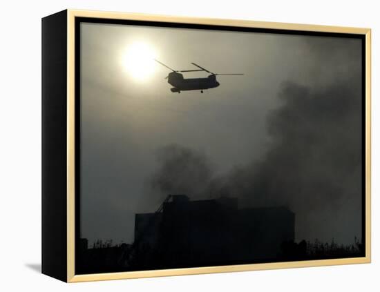 Helicopter Flies Above the Building Where a Plane Crashed in Tehran, Iran-null-Framed Premier Image Canvas