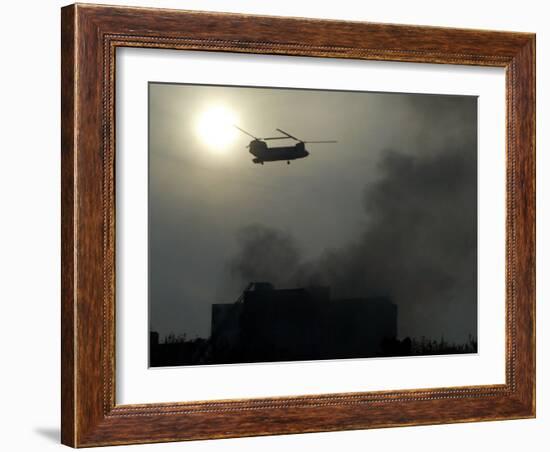 Helicopter Flies Above the Building Where a Plane Crashed in Tehran, Iran-null-Framed Photographic Print