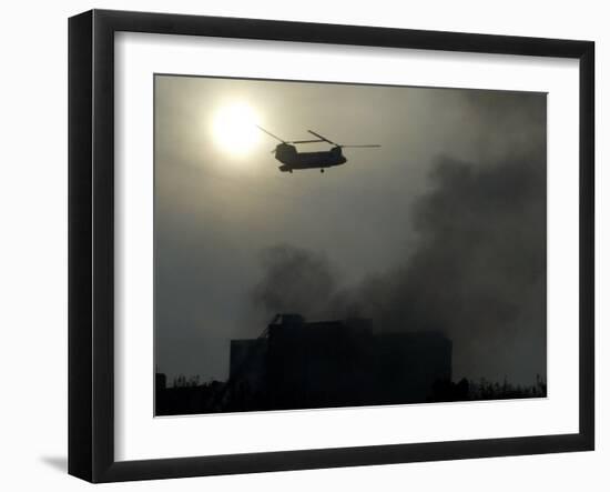 Helicopter Flies Above the Building Where a Plane Crashed in Tehran, Iran-null-Framed Photographic Print