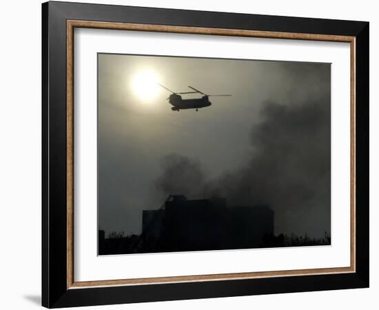 Helicopter Flies Above the Building Where a Plane Crashed in Tehran, Iran-null-Framed Photographic Print