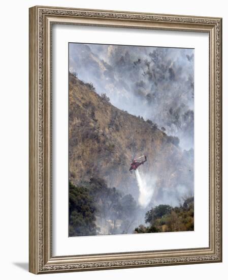 Helicopter Makes a Water Drop as Firefighters Battle a Wildfire in the San Gabriel Mountains-null-Framed Photographic Print