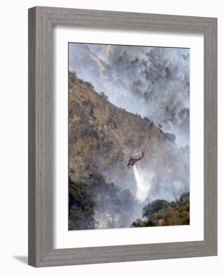 Helicopter Makes a Water Drop as Firefighters Battle a Wildfire in the San Gabriel Mountains-null-Framed Photographic Print