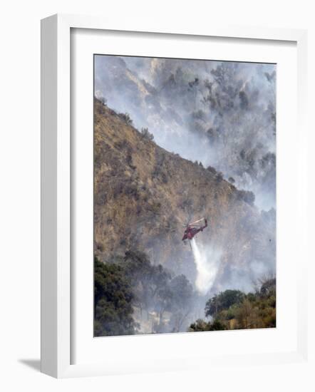 Helicopter Makes a Water Drop as Firefighters Battle a Wildfire in the San Gabriel Mountains-null-Framed Photographic Print