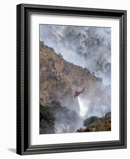 Helicopter Makes a Water Drop as Firefighters Battle a Wildfire in the San Gabriel Mountains-null-Framed Photographic Print