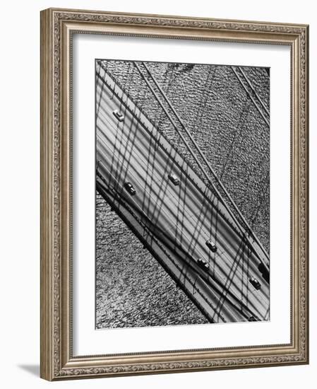 Helicopter View Looking Down on 6 Cars Crossing a Segment of the Whitestone Bridge-Margaret Bourke-White-Framed Photographic Print