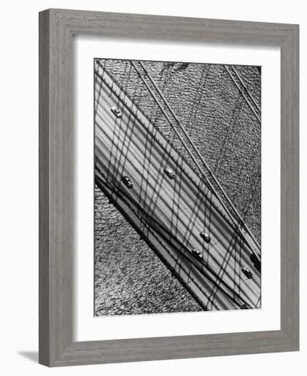 Helicopter View Looking Down on 6 Cars Crossing a Segment of the Whitestone Bridge-Margaret Bourke-White-Framed Photographic Print