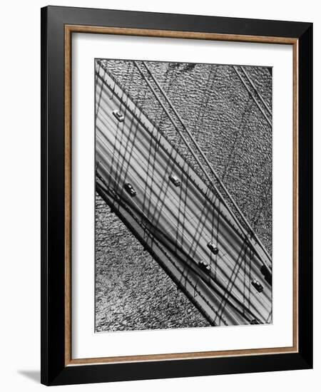 Helicopter View Looking Down on 6 Cars Crossing a Segment of the Whitestone Bridge-Margaret Bourke-White-Framed Photographic Print