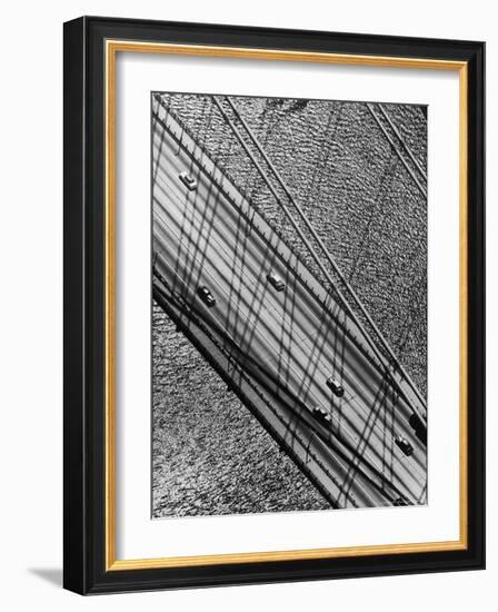 Helicopter View Looking Down on 6 Cars Crossing a Segment of the Whitestone Bridge-Margaret Bourke-White-Framed Photographic Print