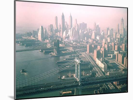 Helicopter Views of New York City's Manhattan and Brooklyn Bridges-Dmitri Kessel-Mounted Photographic Print