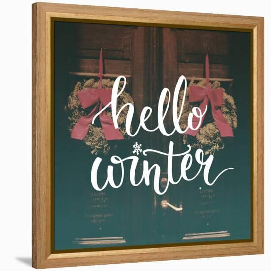 Hello Winter Text Overlay on Filtered Photo with Decor Wreaths on the Vintage Door. Typography Bann-kotoko-Framed Stretched Canvas