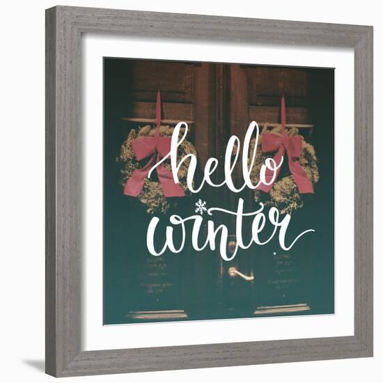 Hello Winter Text Overlay on Filtered Photo with Decor Wreaths on the Vintage Door. Typography Bann-kotoko-Framed Art Print