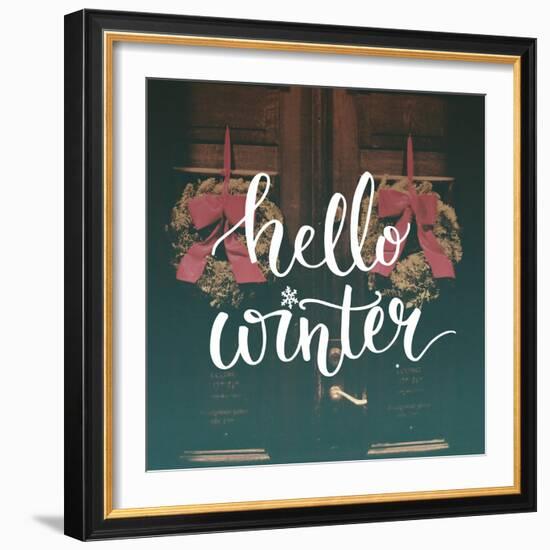 Hello Winter Text Overlay on Filtered Photo with Decor Wreaths on the Vintage Door. Typography Bann-kotoko-Framed Art Print