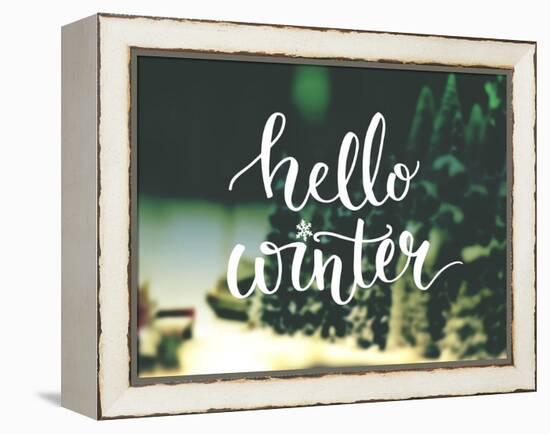 Hello Winter Typography Overlay on Blurred Photo of Christmas Trees. Lettering Banner for Greeting-kotoko-Framed Stretched Canvas