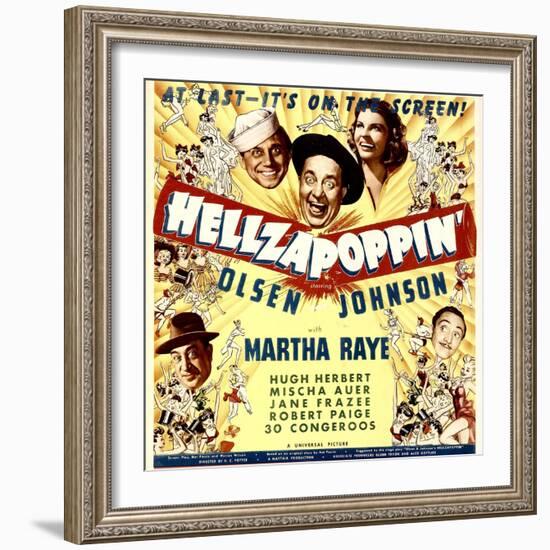 Hellzapoppin', Ole Olsen, Chic Johnson, Martha Raye, Hugh Herbert, Mischa Auer on Window Card, 1941-null-Framed Photo