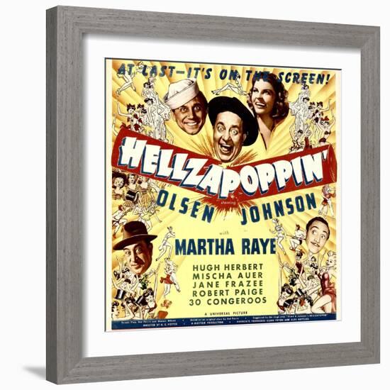 Hellzapoppin', Ole Olsen, Chic Johnson, Martha Raye, Hugh Herbert, Mischa Auer on Window Card, 1941-null-Framed Photo