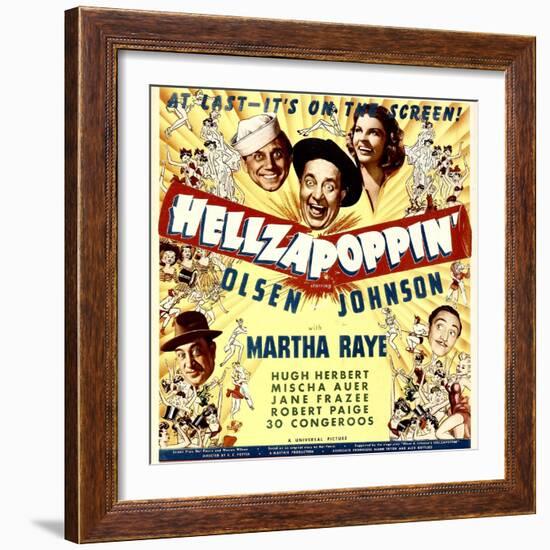 Hellzapoppin', Ole Olsen, Chic Johnson, Martha Raye, Hugh Herbert, Mischa Auer on Window Card, 1941-null-Framed Photo