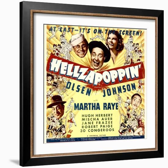 Hellzapoppin', Ole Olsen, Chic Johnson, Martha Raye, Hugh Herbert, Mischa Auer on Window Card, 1941-null-Framed Photo