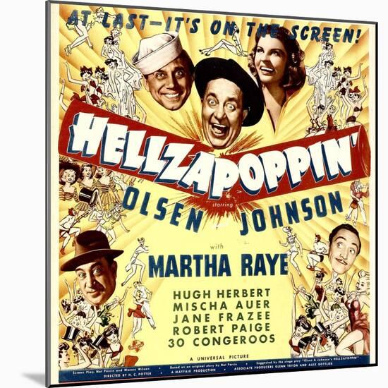 Hellzapoppin', Ole Olsen, Chic Johnson, Martha Raye, Hugh Herbert, Mischa Auer on Window Card, 1941-null-Mounted Photo