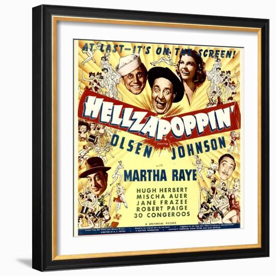 Hellzapoppin', Ole Olsen, Chic Johnson, Martha Raye, Hugh Herbert, Mischa Auer on Window Card, 1941-null-Framed Photo