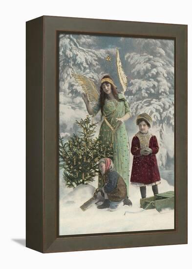 Helpful Angel Accompanies Two Children into the Woods to Help Them Choose Their Tree-null-Framed Premier Image Canvas