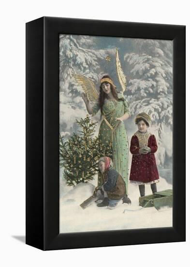 Helpful Angel Accompanies Two Children into the Woods to Help Them Choose Their Tree-null-Framed Premier Image Canvas