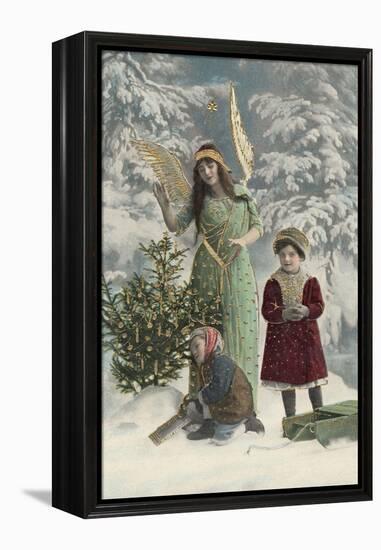 Helpful Angel Accompanies Two Children into the Woods to Help Them Choose Their Tree-null-Framed Premier Image Canvas