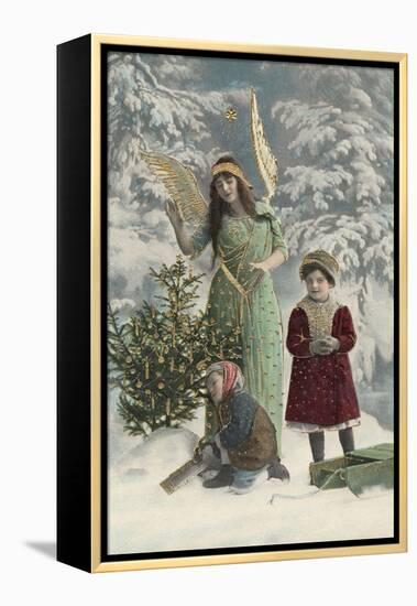 Helpful Angel Accompanies Two Children into the Woods to Help Them Choose Their Tree-null-Framed Premier Image Canvas