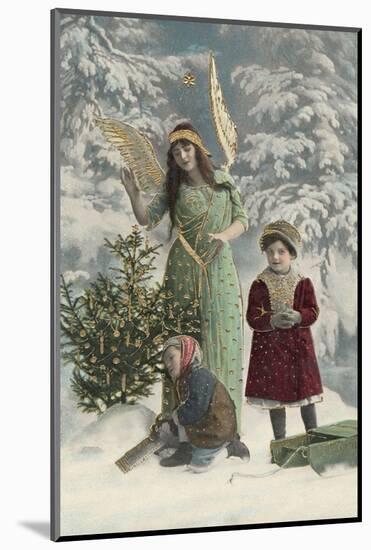 Helpful Angel Accompanies Two Children into the Woods to Help Them Choose Their Tree-null-Mounted Photographic Print