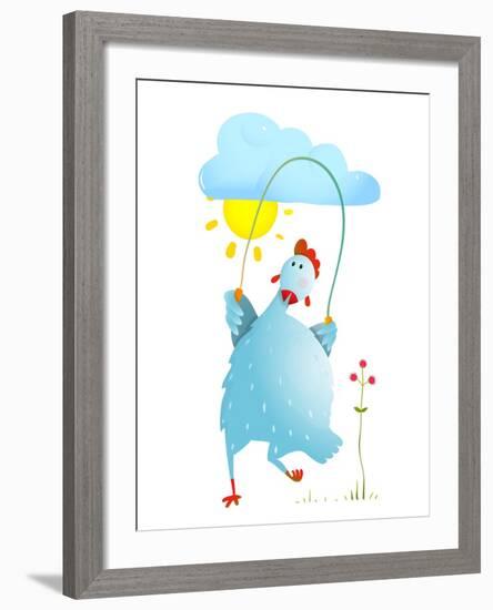 Hen Jumping Rope Childish Cartoon. Chicken Jump, Skipping Comic with Cloud and Sun Cartoon, Exercis-Popmarleo-Framed Art Print