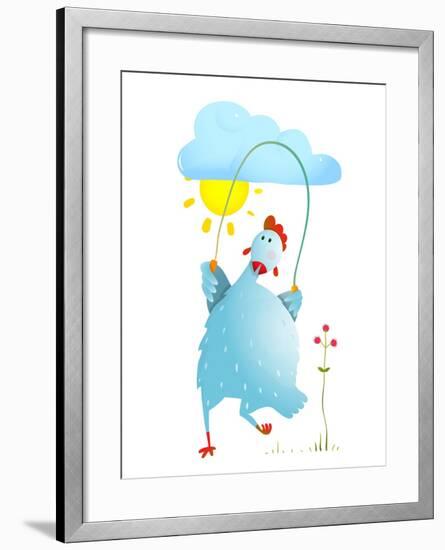 Hen Jumping Rope Childish Cartoon. Chicken Jump, Skipping Comic with Cloud and Sun Cartoon, Exercis-Popmarleo-Framed Art Print