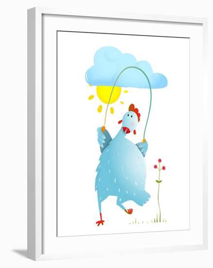 Hen Jumping Rope Childish Cartoon. Chicken Jump, Skipping Comic with Cloud and Sun Cartoon, Exercis-Popmarleo-Framed Art Print