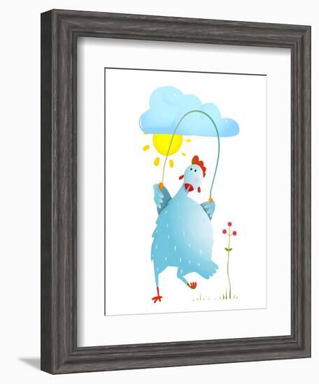 Hen Jumping Rope Childish Cartoon. Chicken Jump, Skipping Comic with Cloud and Sun Cartoon, Exercis-Popmarleo-Framed Art Print