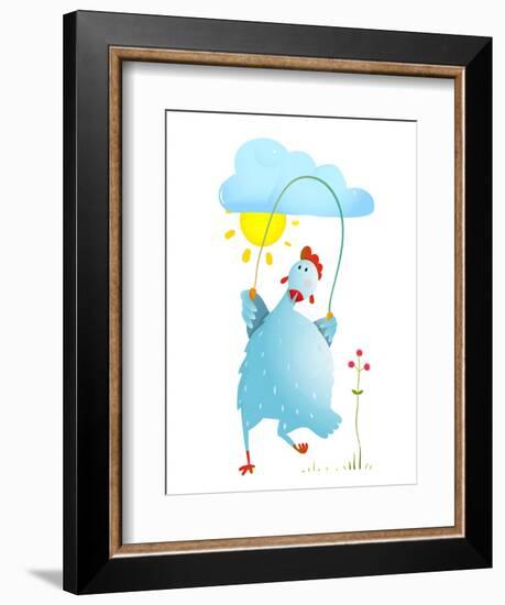 Hen Jumping Rope Childish Cartoon. Chicken Jump, Skipping Comic with Cloud and Sun Cartoon, Exercis-Popmarleo-Framed Art Print