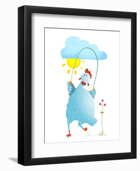 Hen Jumping Rope Childish Cartoon. Chicken Jump, Skipping Comic with Cloud and Sun Cartoon, Exercis-Popmarleo-Framed Art Print