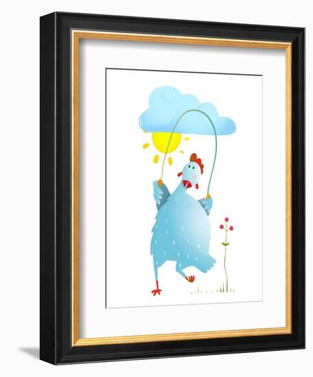 Hen Jumping Rope Childish Cartoon. Chicken Jump, Skipping Comic with Cloud and Sun Cartoon, Exercis-Popmarleo-Framed Art Print