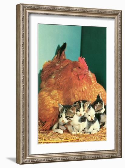 Hen Sitting on Kittens-null-Framed Premium Giclee Print