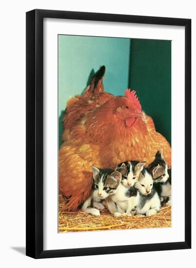 Hen Sitting on Kittens-null-Framed Premium Giclee Print