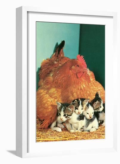 Hen Sitting on Kittens-null-Framed Premium Giclee Print