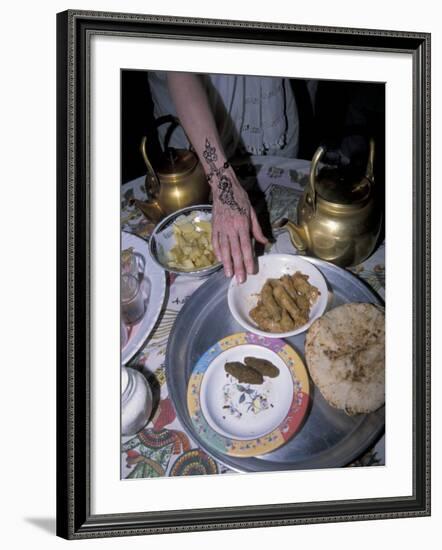 Henna-Dyed Hand Reaches for Traditional Nubian Food, Askoba, Aswan, Egypt-Cindy Miller Hopkins-Framed Photographic Print